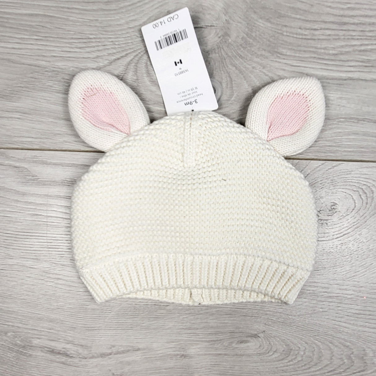 NEW - Carters white knit hat with ears. Size 3-6 months