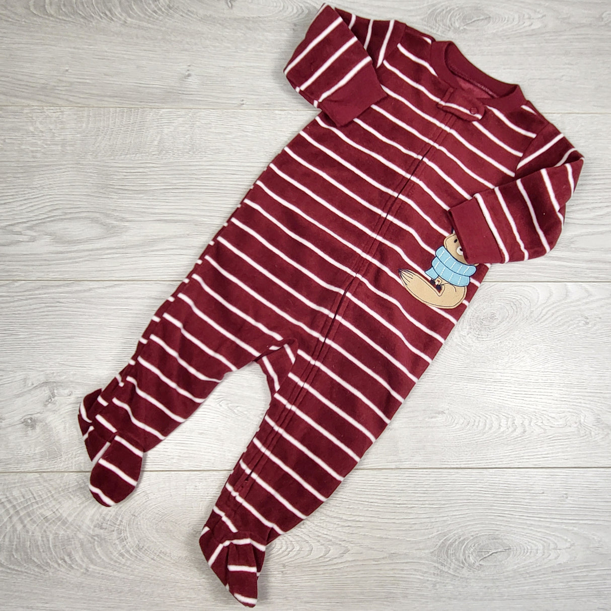 Carters burgundy striped zippered fleece sleeper with fox. Size 6 months