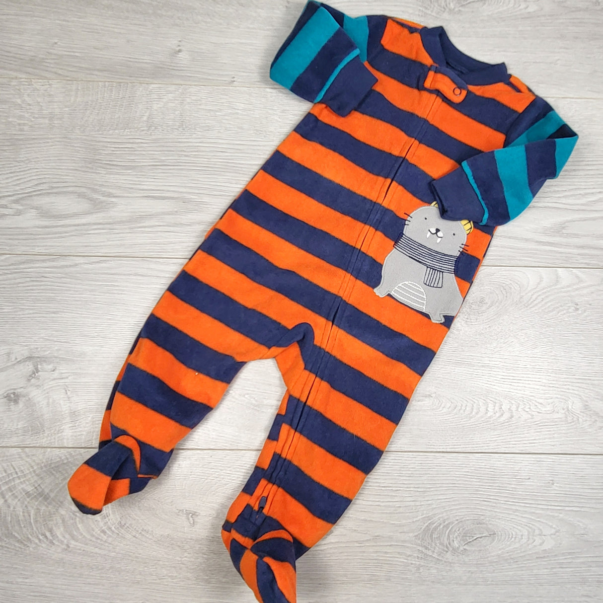 Carters orange and navy striped zippered feece sleeper with walrus. Size 6 months