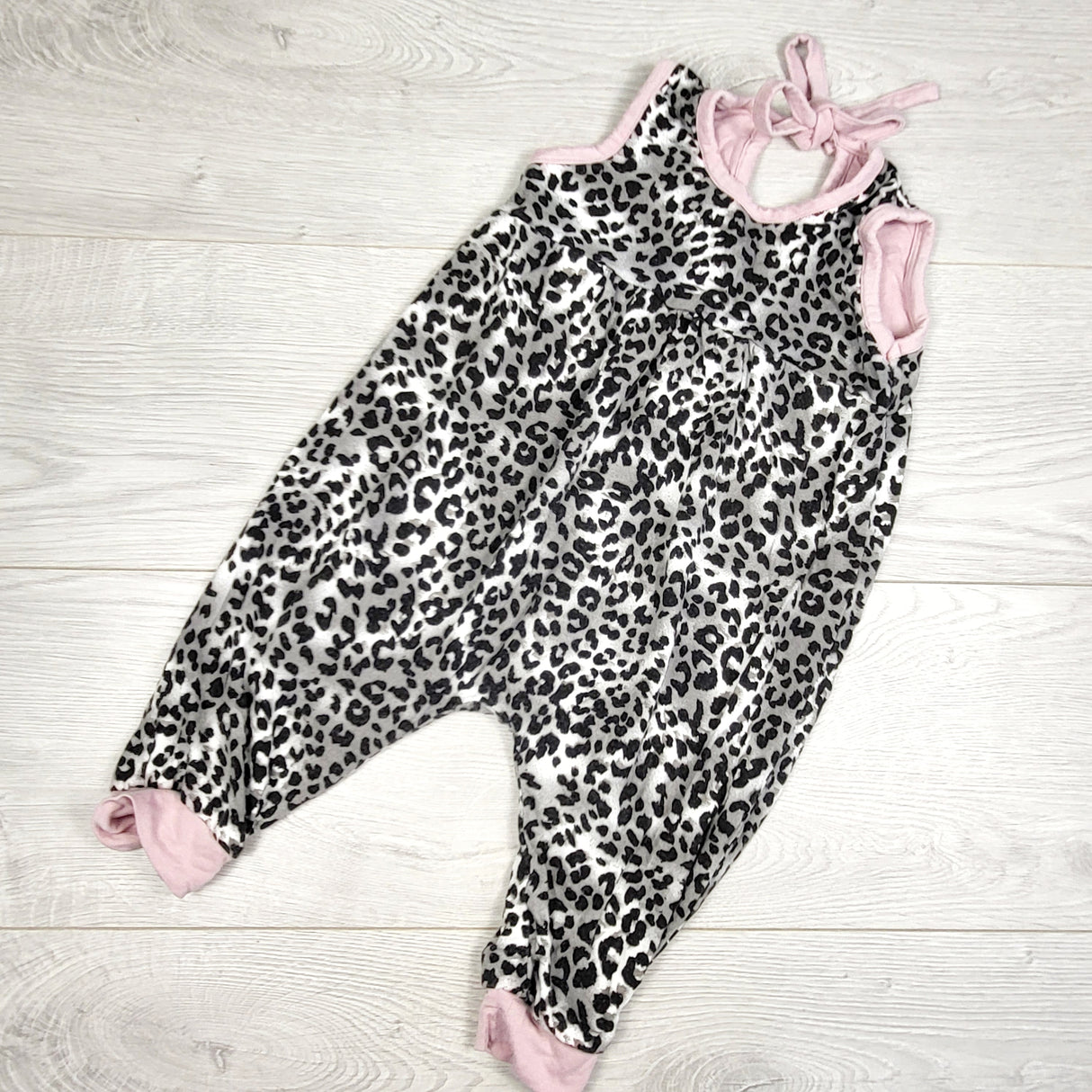 Grey leopard print possibly bamboo handmade romper. Sizes like 18-24 months
