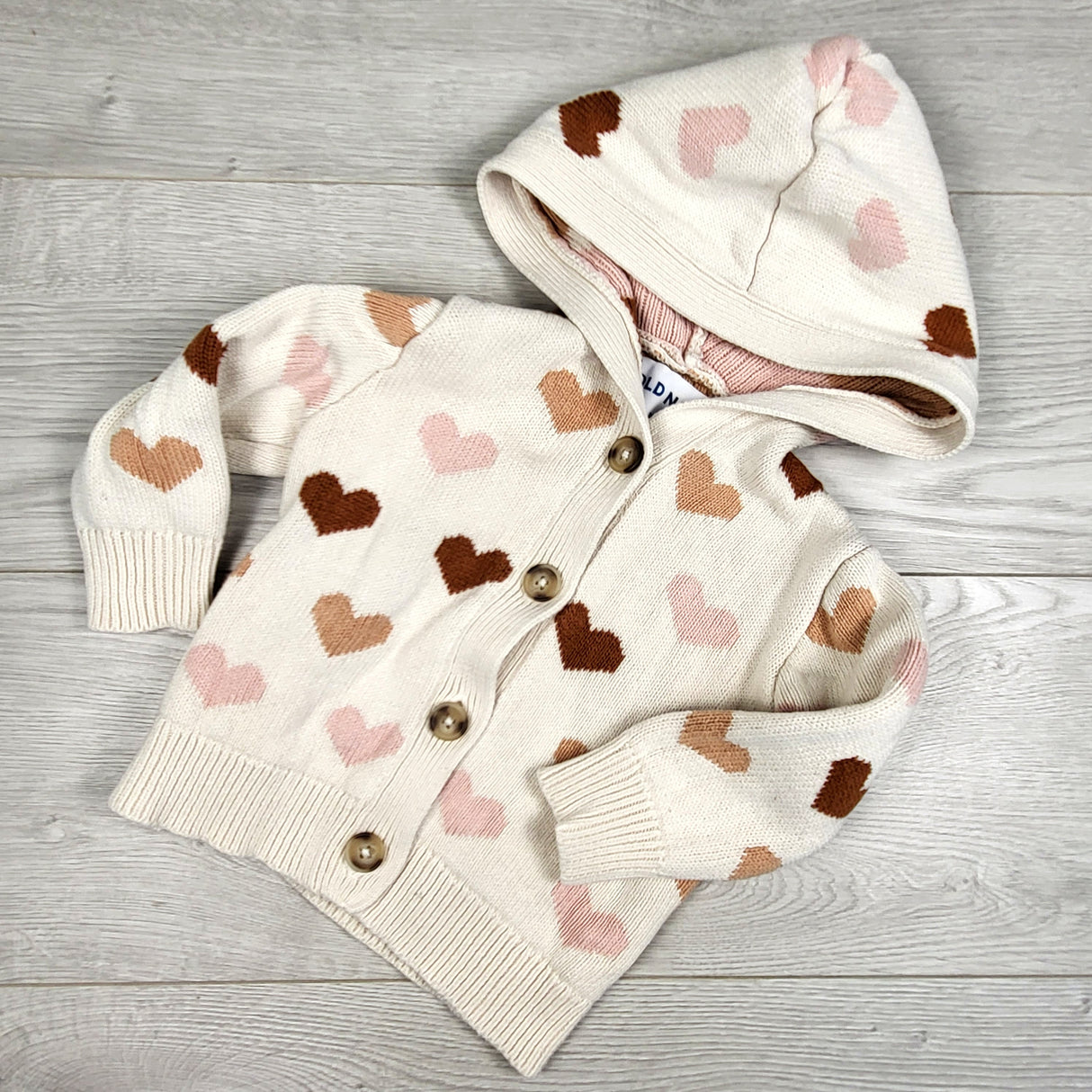 Old Navy beige hooded sweater coat with hearts. Size 12-18 months