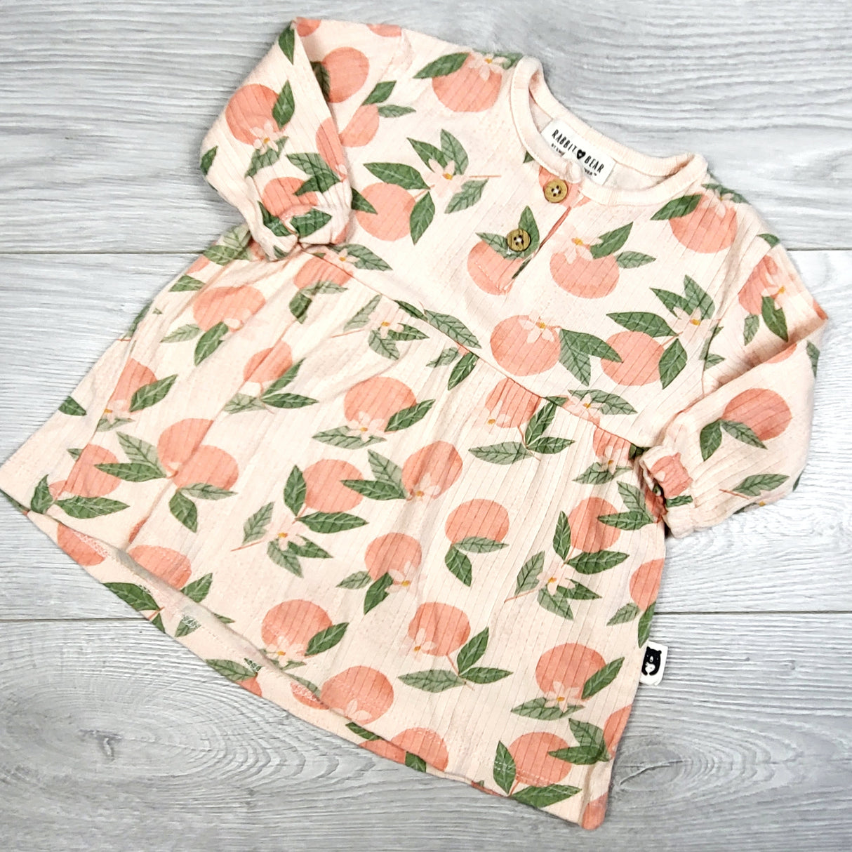 Rabbit + Bear ribbed peach print dress. Size 3-6 months