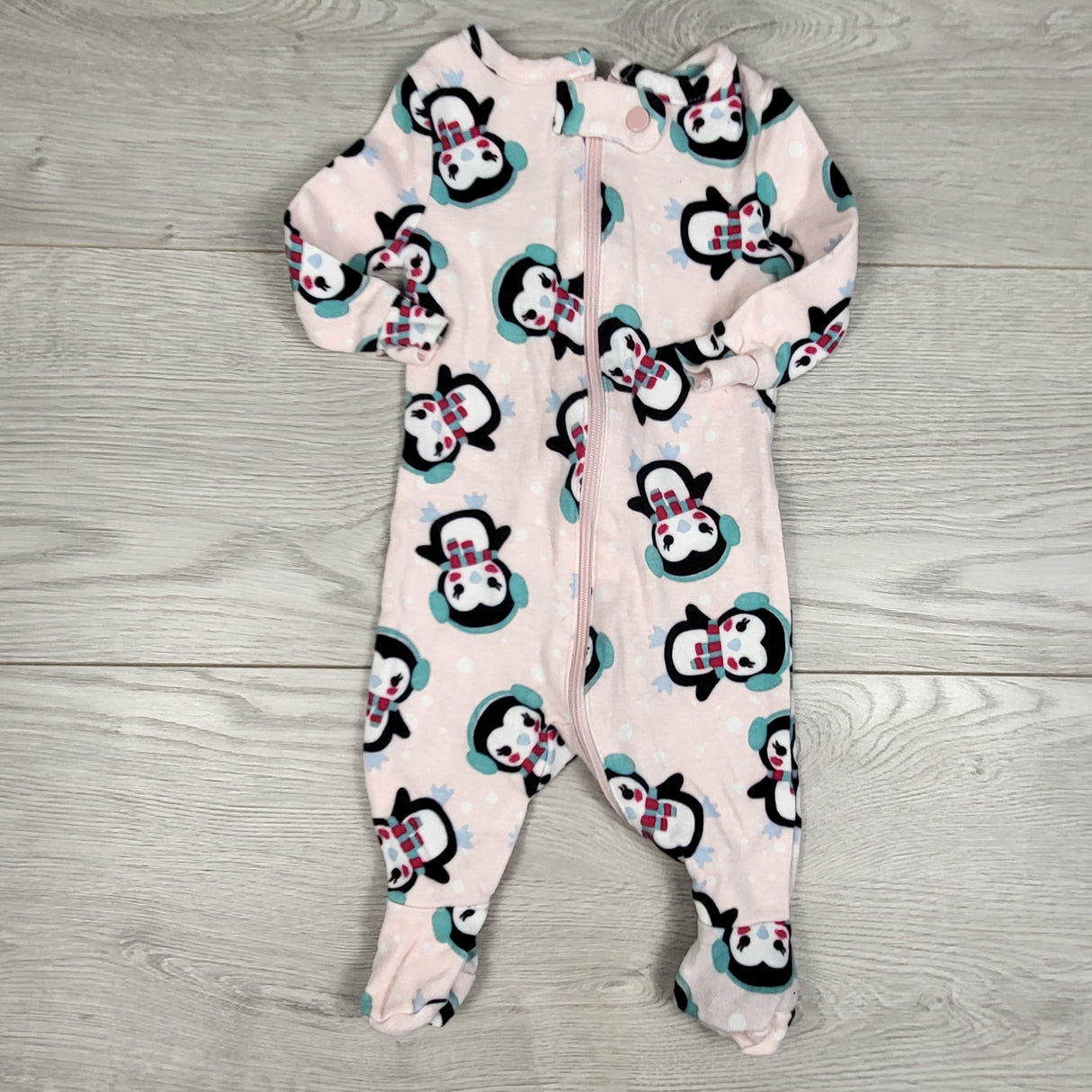 Joe pink zippered cotton sleeper with penguins. Size 0-3 months