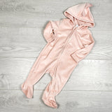 Old Navy pink hooded velour romper with scales. Size 3-6 months
