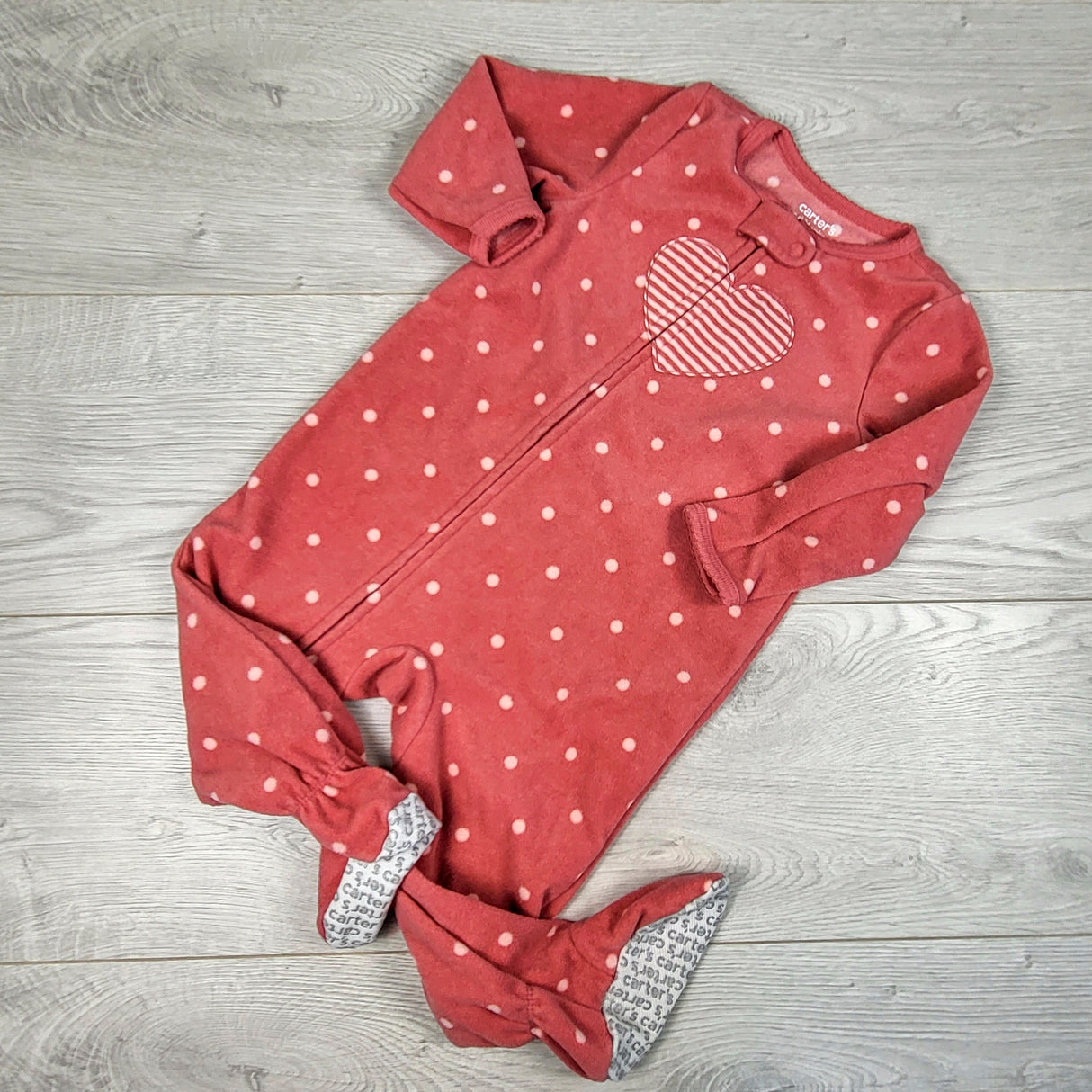 Child of Mine blush pink zippered polka dot sleeper with heart. Size 12 months