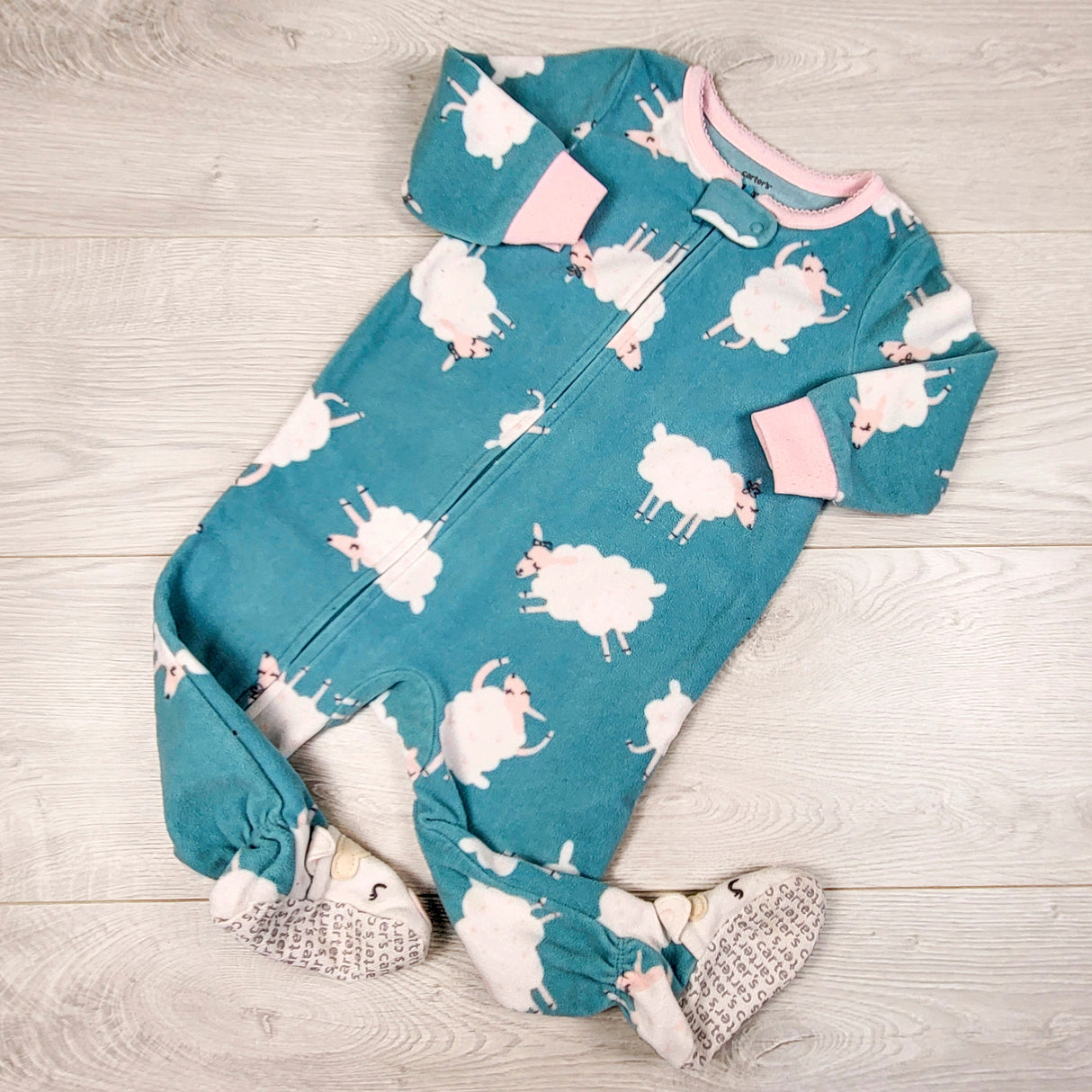 Carters teal zippered fleece sleeper with sheep. Size 12 months