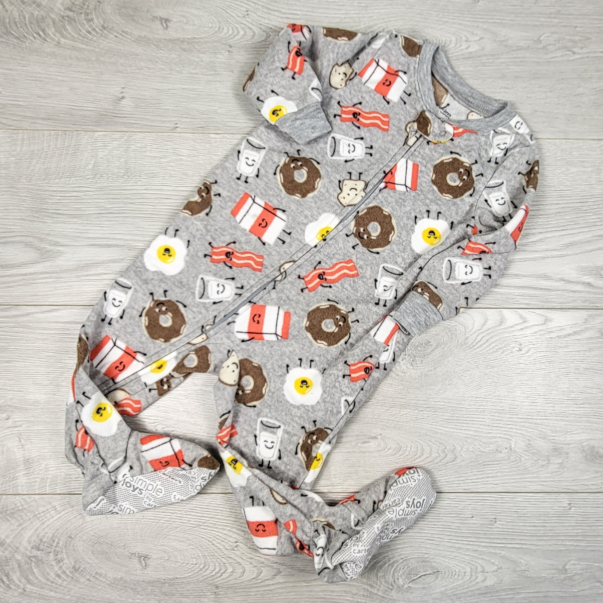 Simple Joys grey zippered sleeper with breakfast food. Size 12 months
