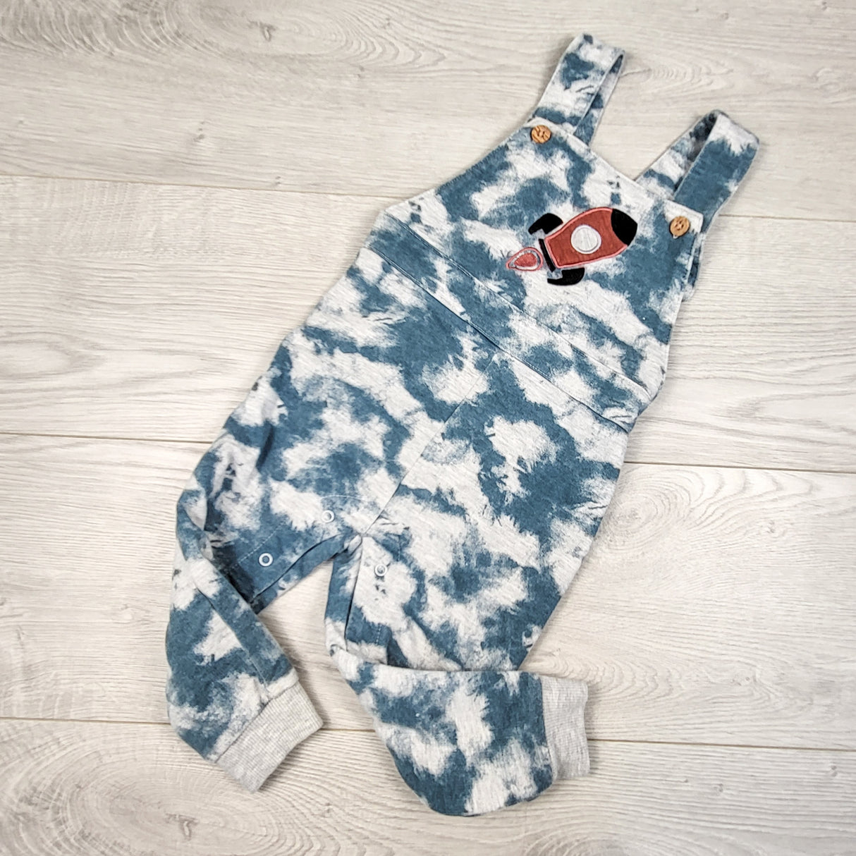 PLBaby tie dye style cotton overalls with rocket. Size 18 months
