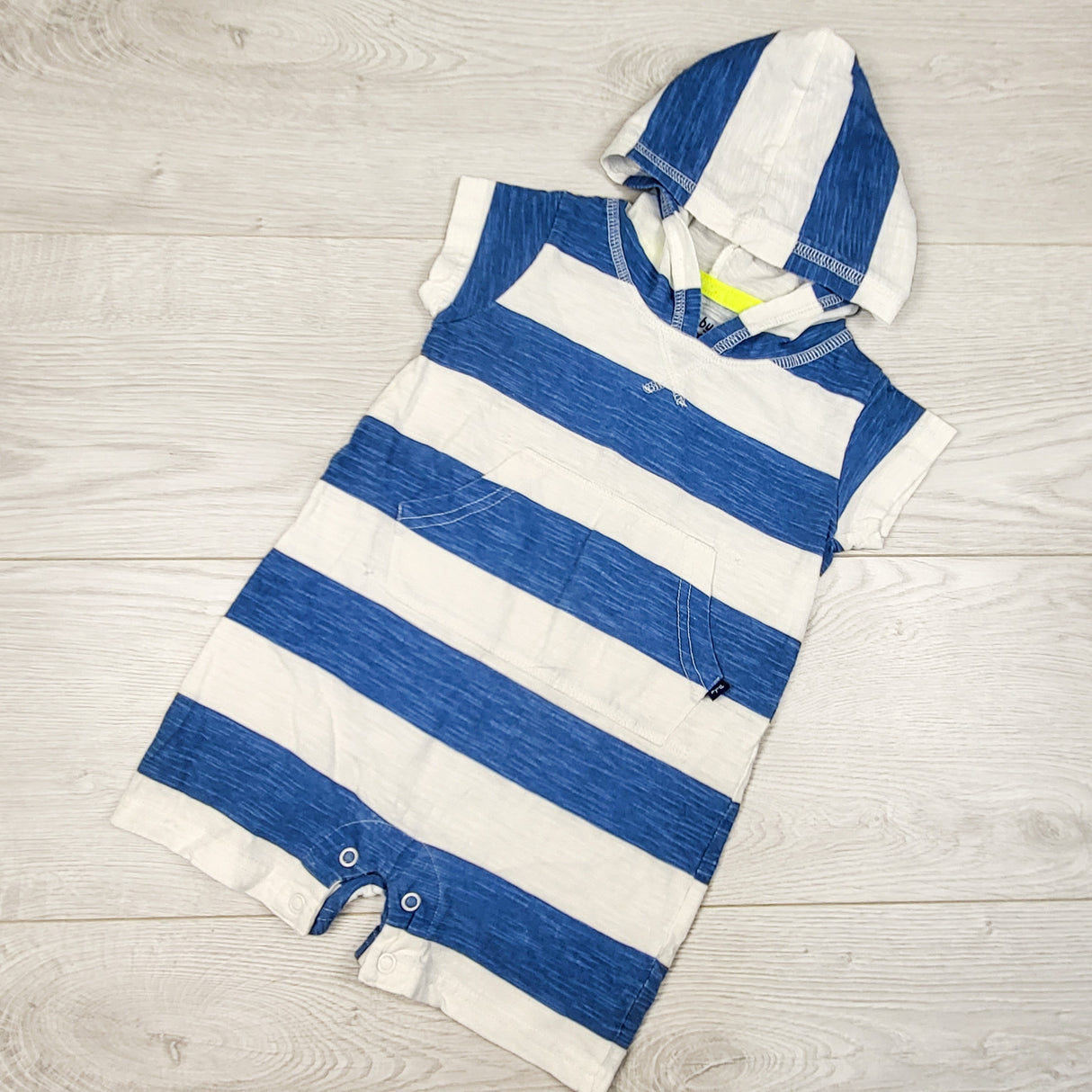 Baby B'gosh blue striped hooded romper. Size 12 months
