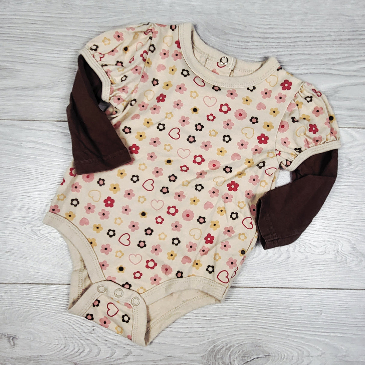 Joe beige floral print fooler bodysuit. Size 6-12 months