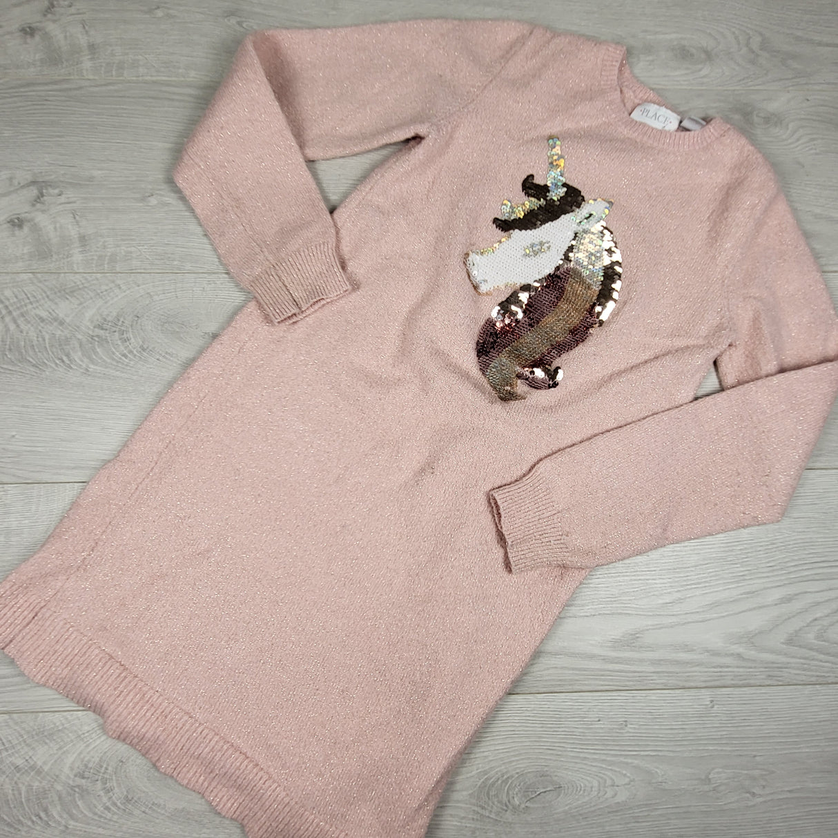 Children's Place pink sweater dress with sequin unicorn. Size 10/12