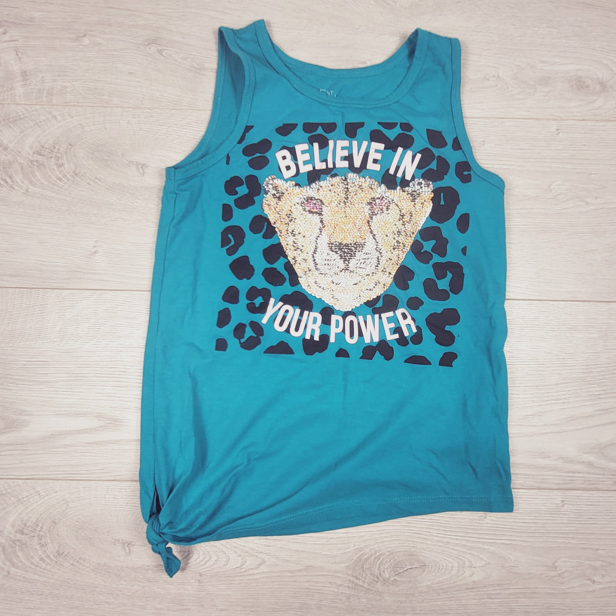 Just Kidding teal tank top with flip sequins. Size 8-10 Years