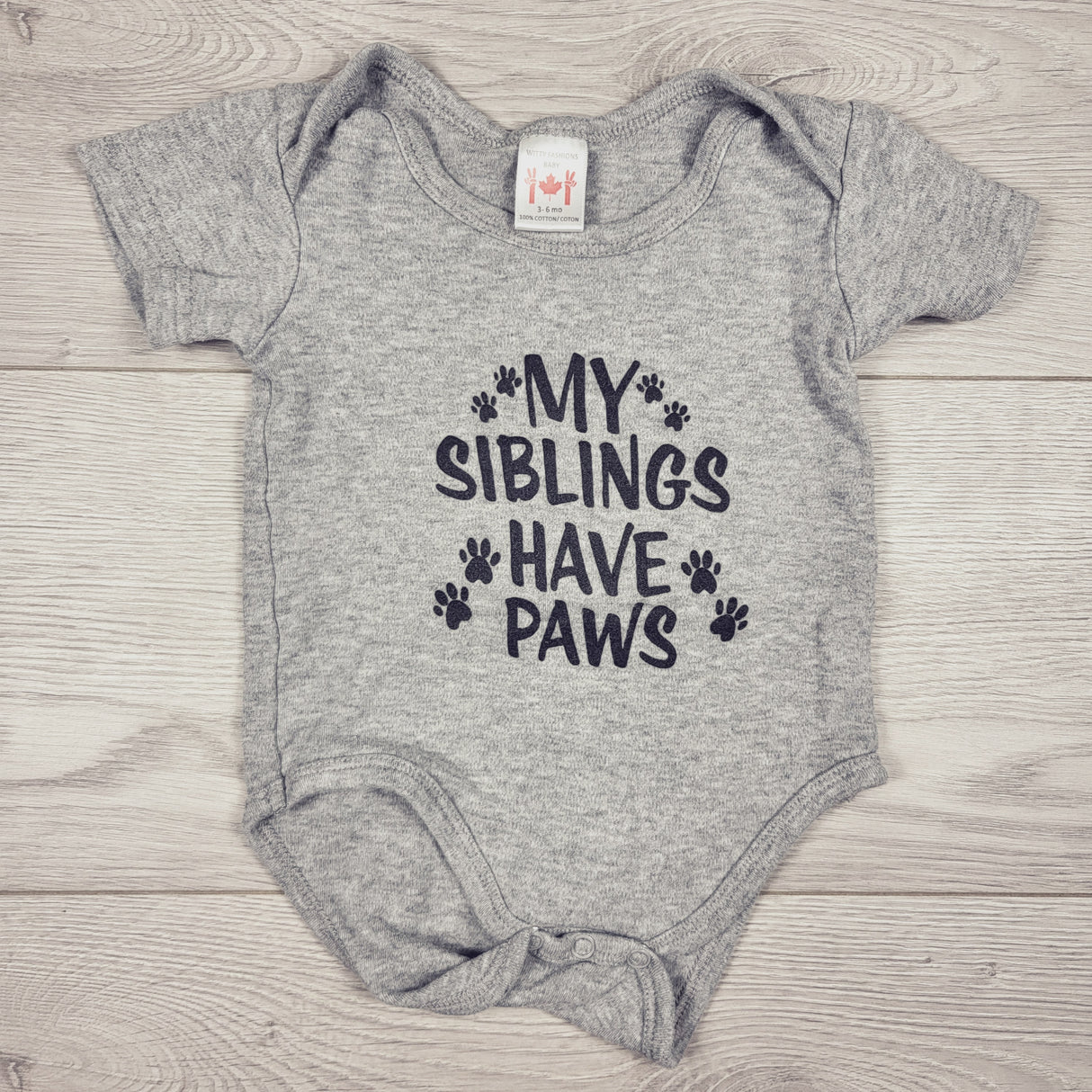 Witty Fashions grey "My Siblings Have Paws" bodysuit. Size 3-6 months