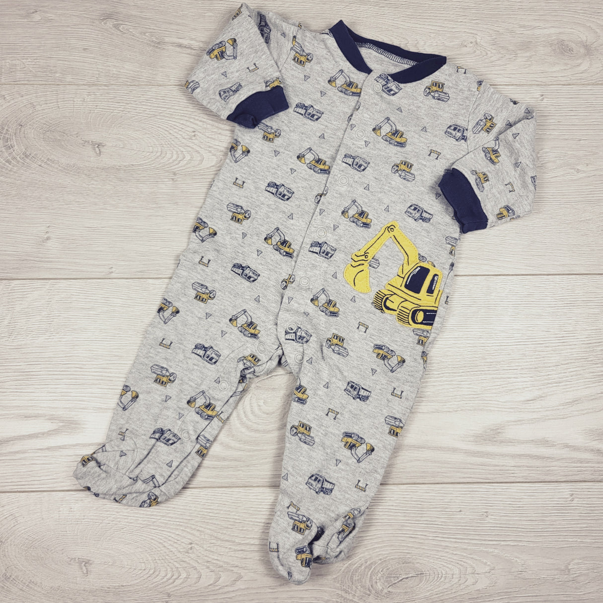 Child of Mine grey cotton sleeper with construction theme. Size 3-6 months