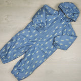 Joe blue fleece lined rain suit with lightening bolts. Size 2T - AS IS