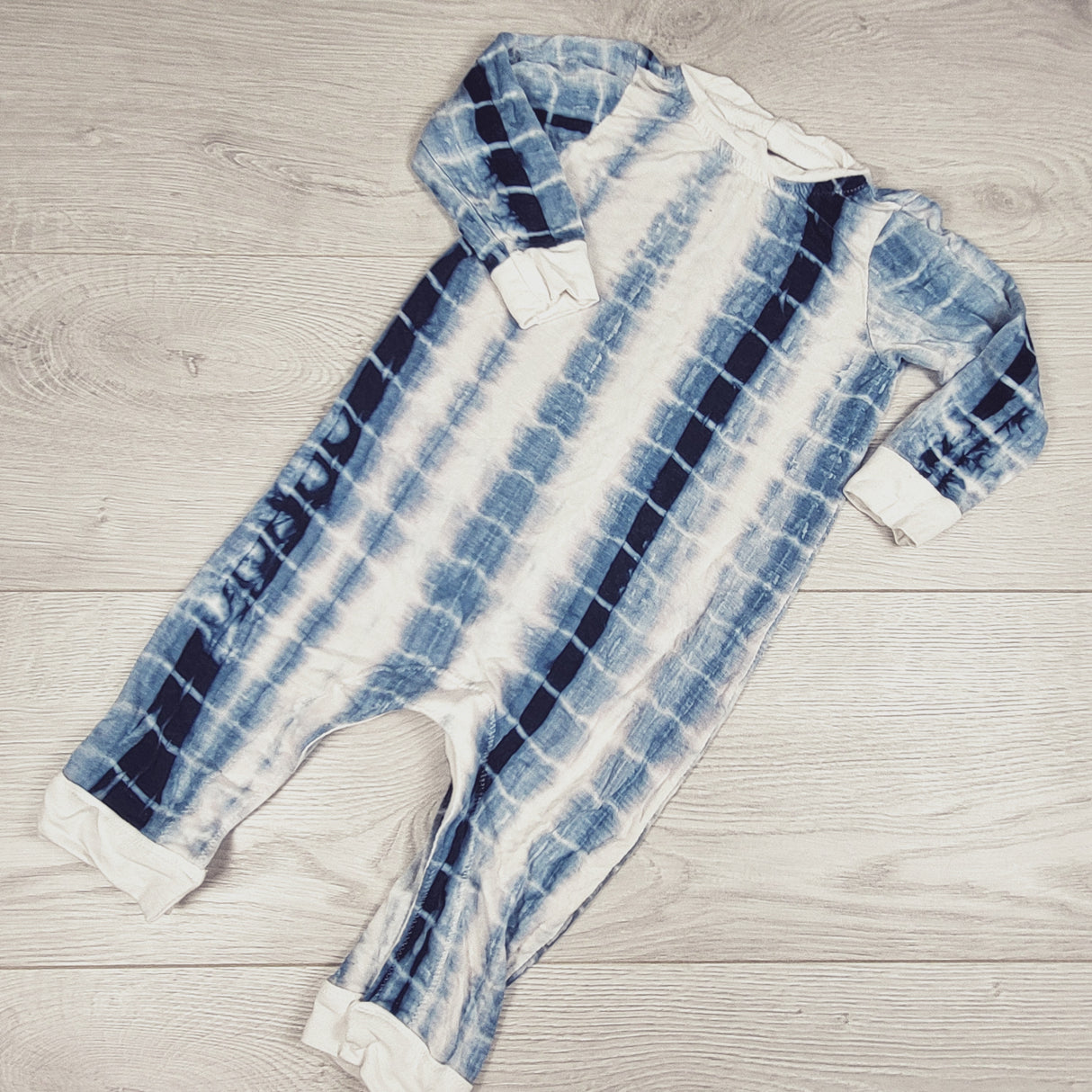 Handmade blue tie dye style bamboo romper. Sizes like 12 months