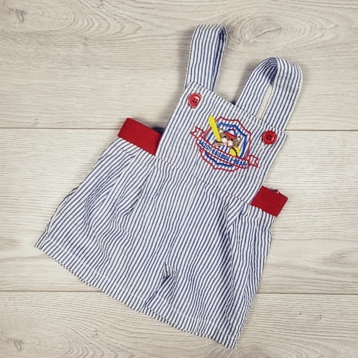 Vintage pin striped "Most Valuable Bear" overalls. Size 0-3 months