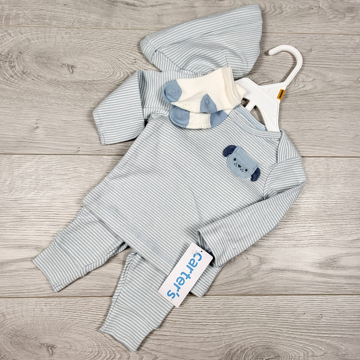 NEW - Carters blue striped set with dog. Newborn size