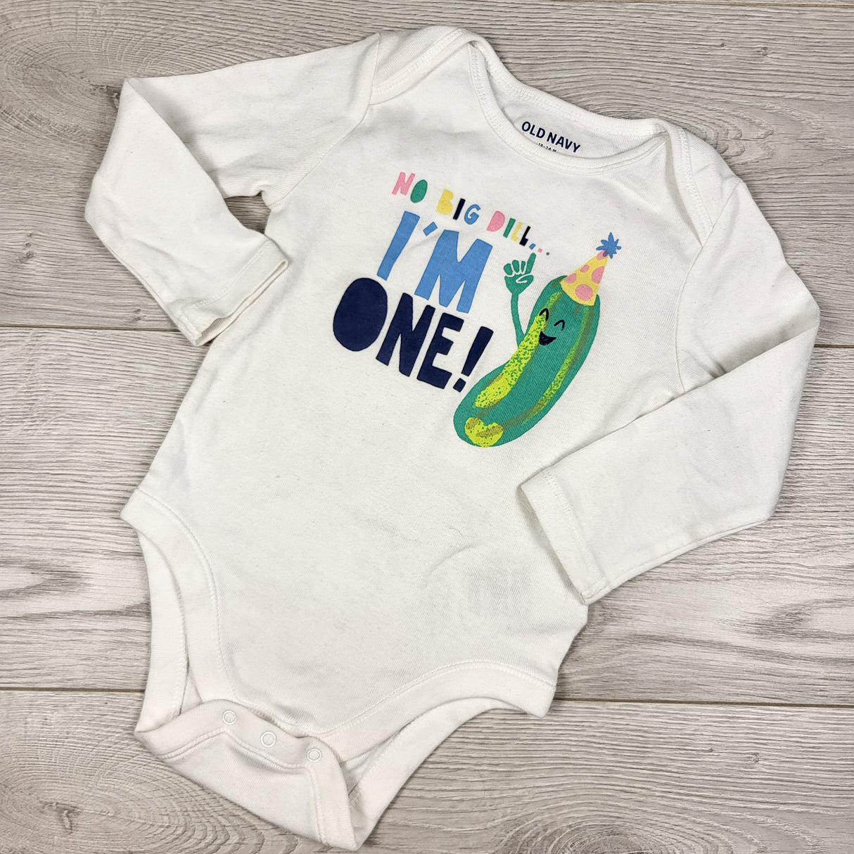 Old Navy white "No Big Dill, I'm One" bodysuit. Size 18-24 months