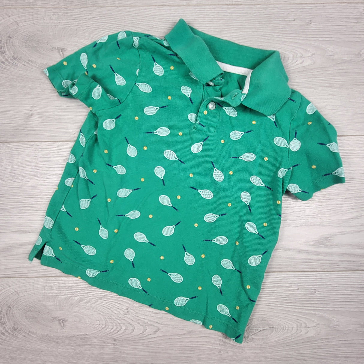 Joe green polo shirt with tennis rackets. Size 4T - AS IS