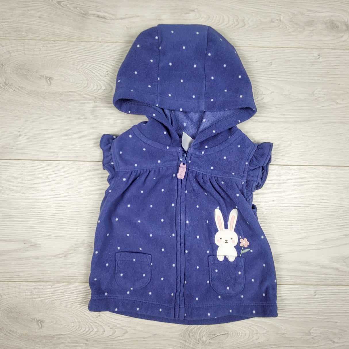 Carters purple-blue polka dot fleece hooded vest. Size 9 months