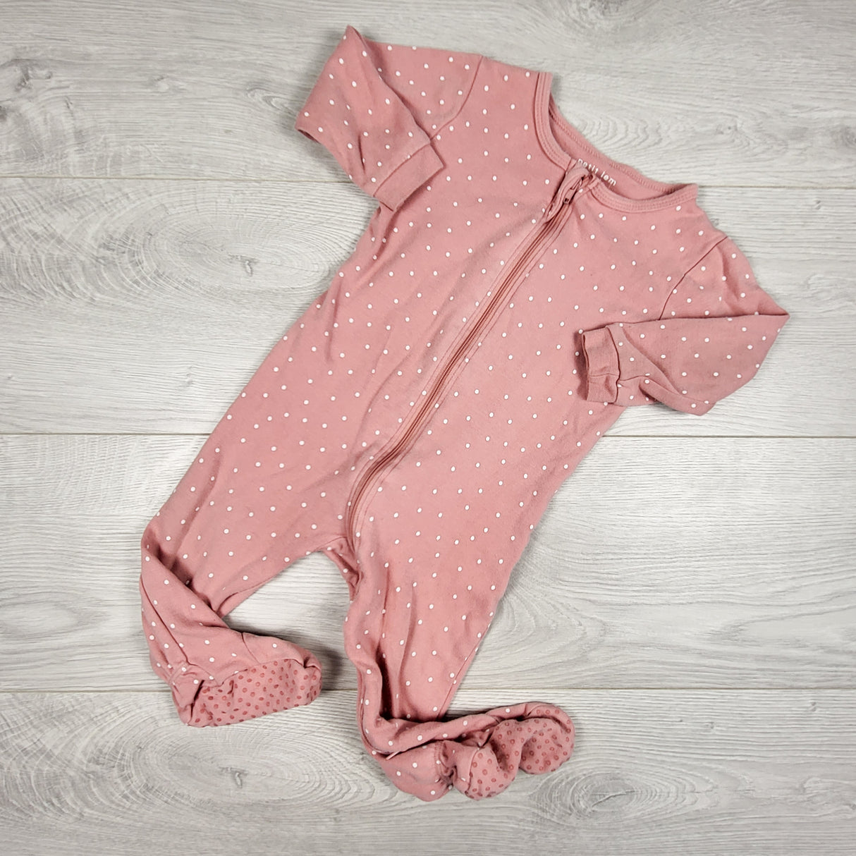 Petit Lem pink polka dot zippered sleeper. Size 12 months