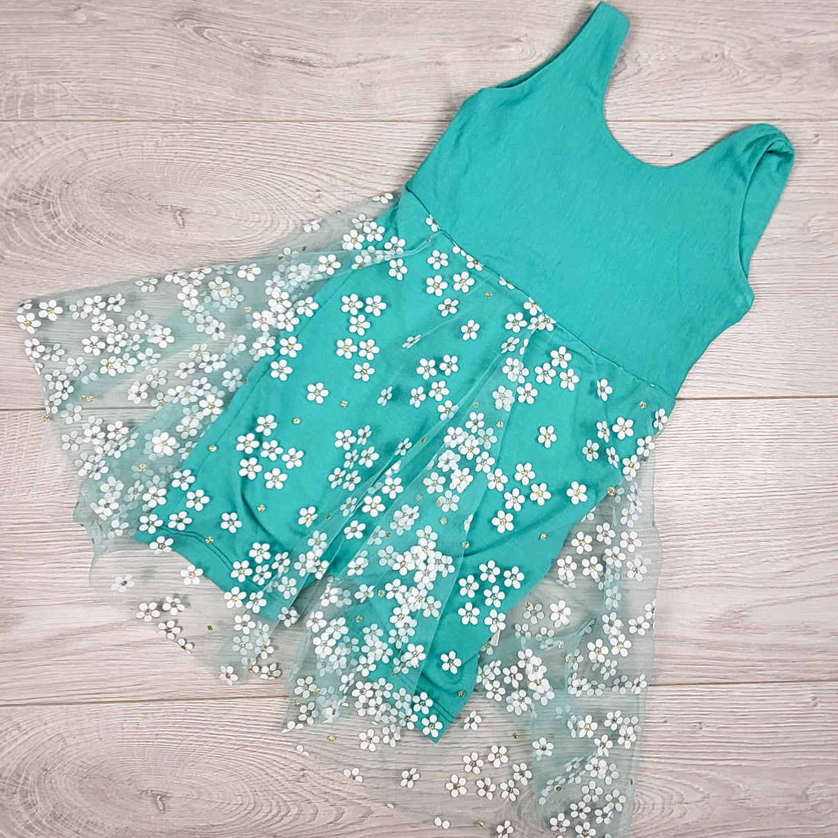 NWOT - Teddy Little Apparel teal romper with floral skirting. Size 4T
