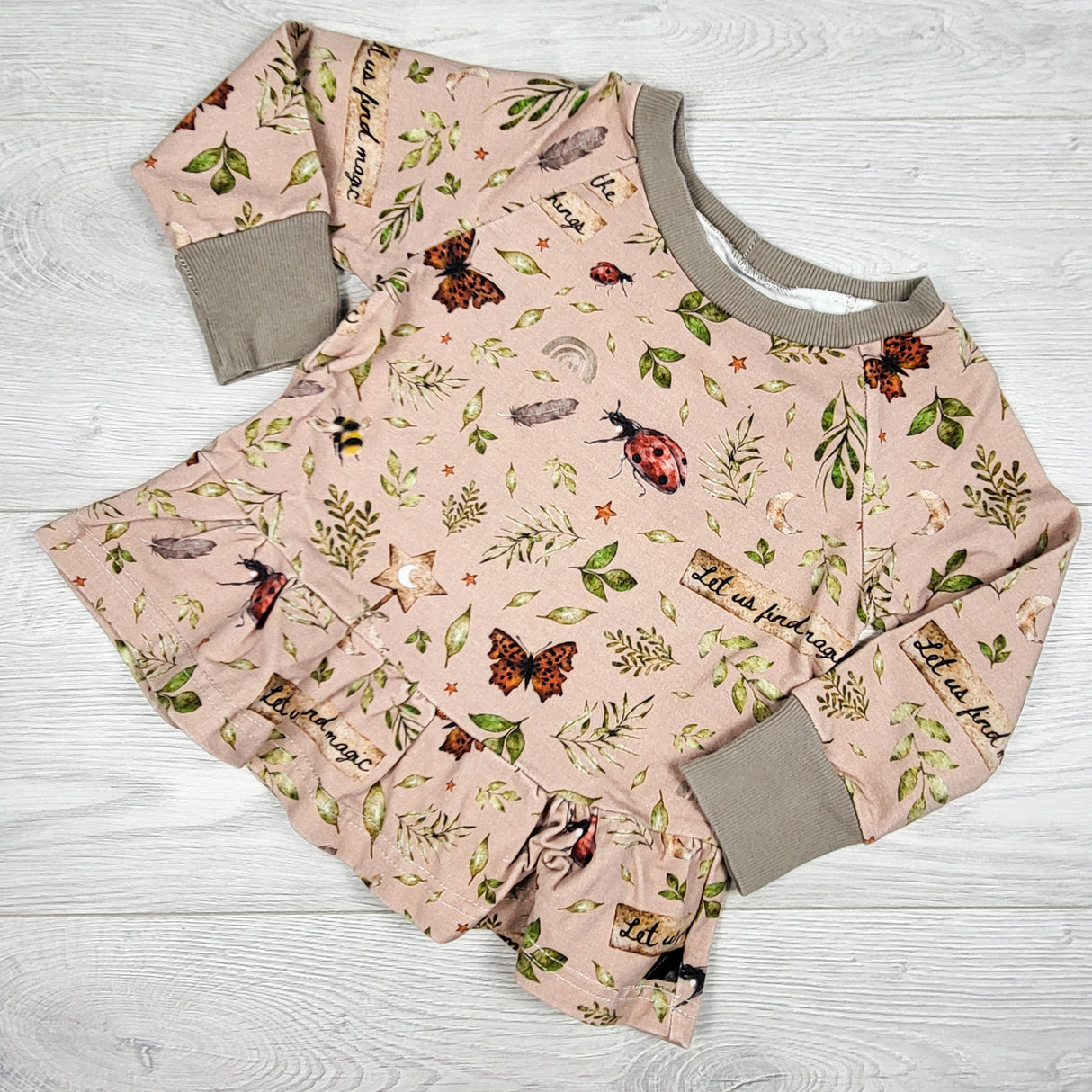 Teddy Little Apparel ruffle sweatshirt with insects and leaves. Size 2T