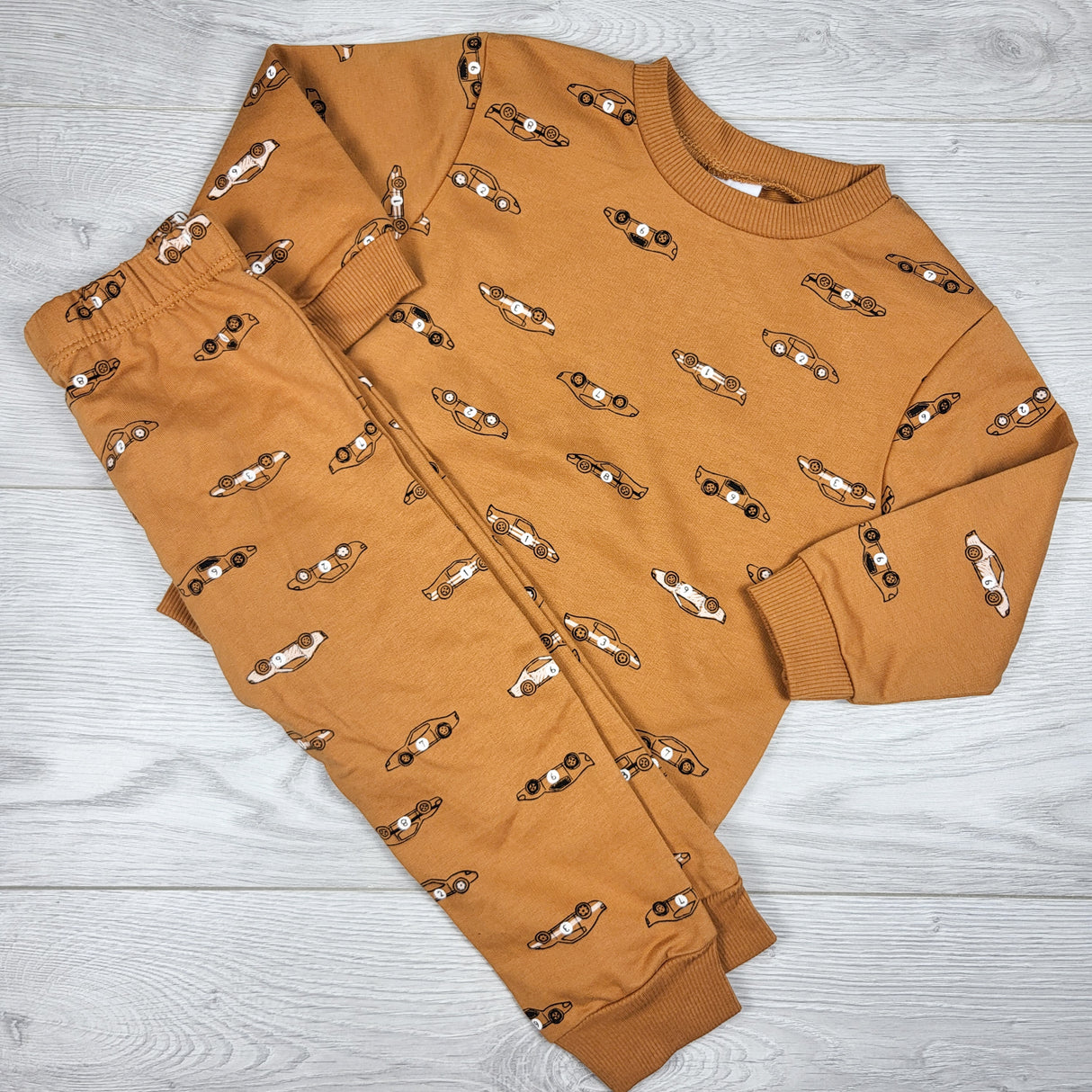 Petit Lem's Mini Threads tan 2pc set with race cars. Size 18 months