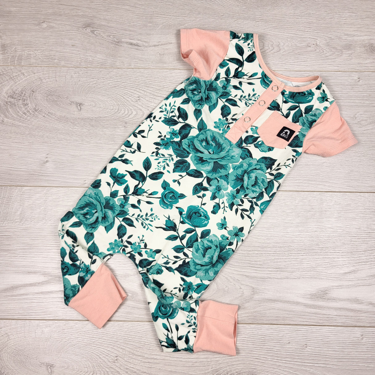 Rags teal floral print handmade romper. Size 6-12 months