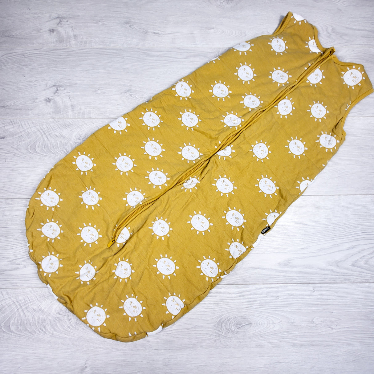 Bonds yellow quilted "Warmer Nights Wondersleep" sleep sack with suns. Size 18-24 months