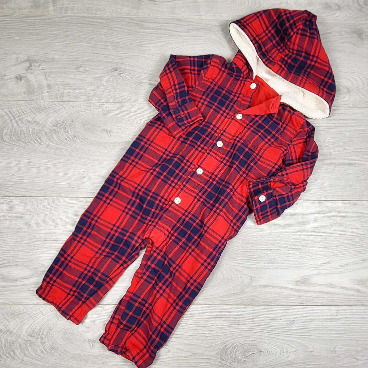Baby B'gosh red plaid hooded romper with jersey lining. Size 12 months