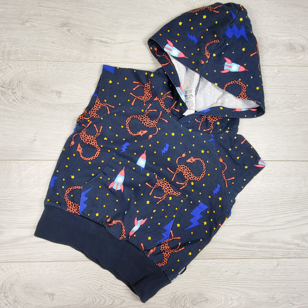 Bonds navy sleeveless hoodie with space giraffes. Size 3T