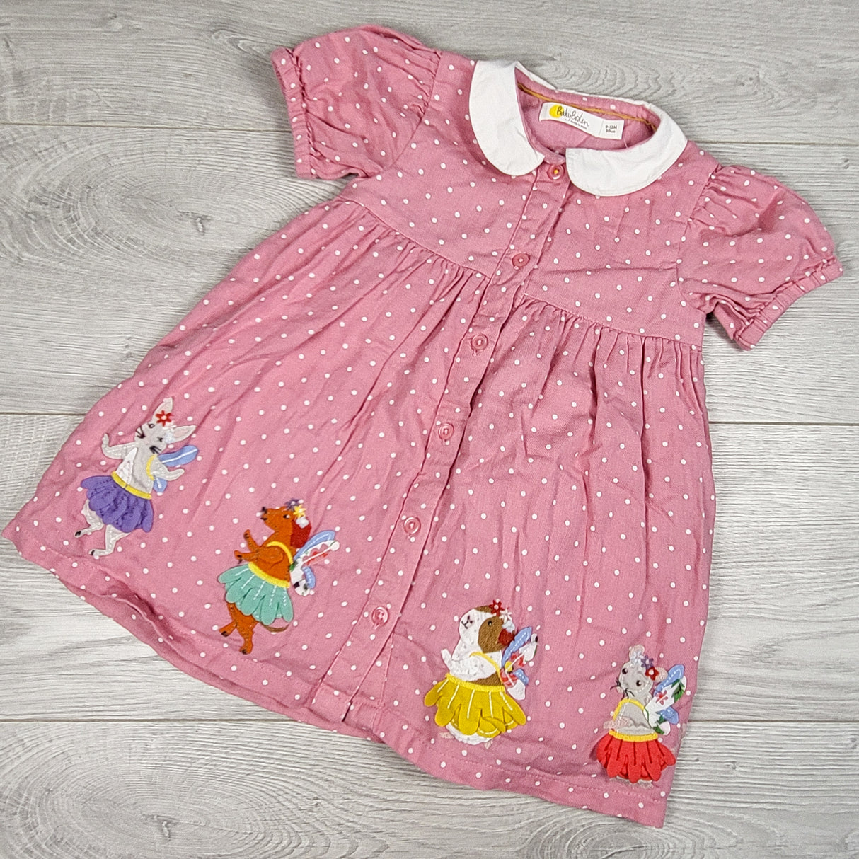 Baby Boden Pink Polka Dot Woodland Fairy Animals Woven Appliqué Dress. Size 9-12 months