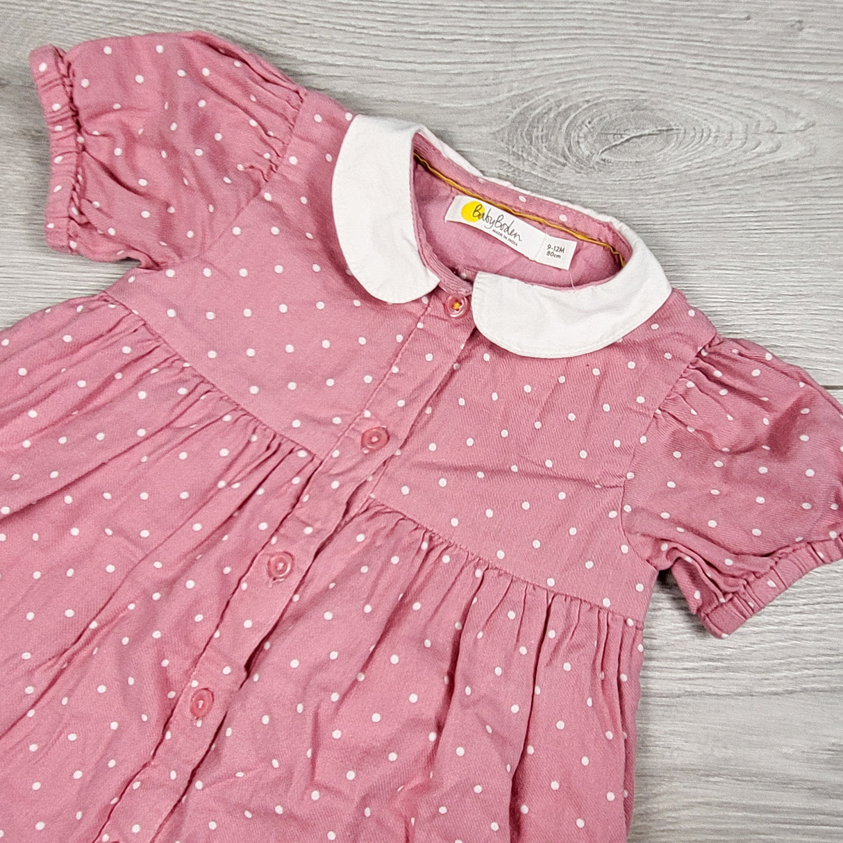 Baby Boden Pink Polka Dot Woodland Fairy Animals Woven Appliqué Dress. Size 9-12 months
