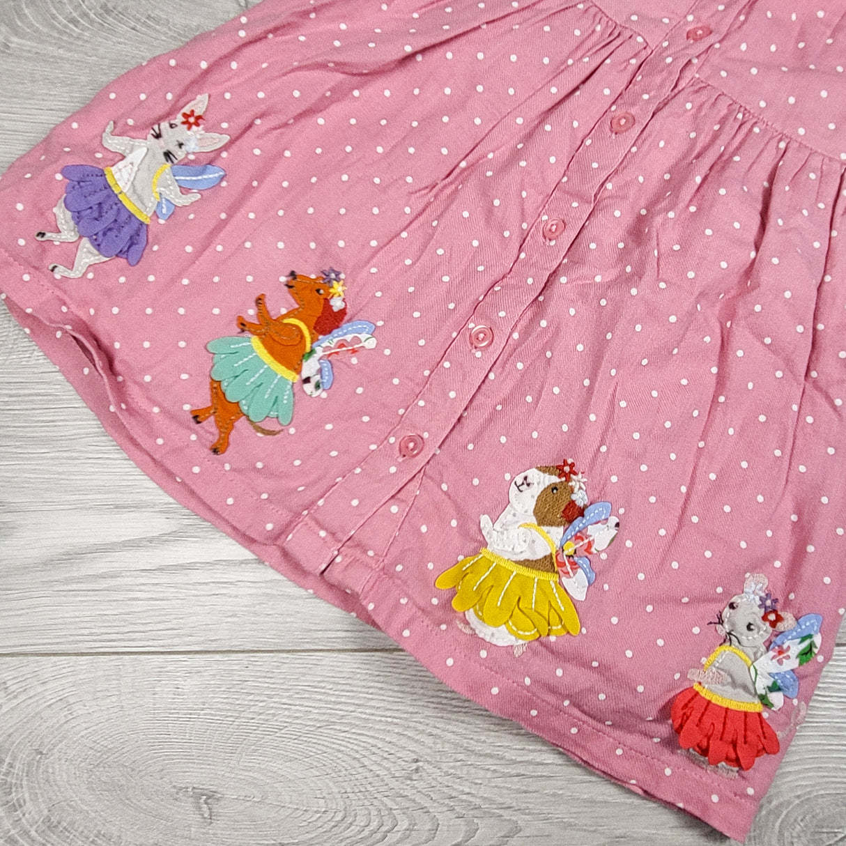 Baby Boden Pink Polka Dot Woodland Fairy Animals Woven Appliqué Dress. Size 9-12 months