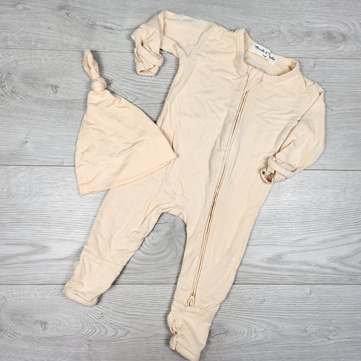 Bambi + Birdie pale peach bamboo sleeper and hat. Size 0-3 months