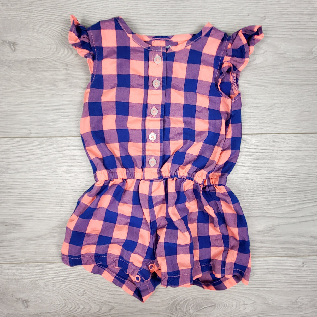 Carters pink and blue checked romper. Size 6 months