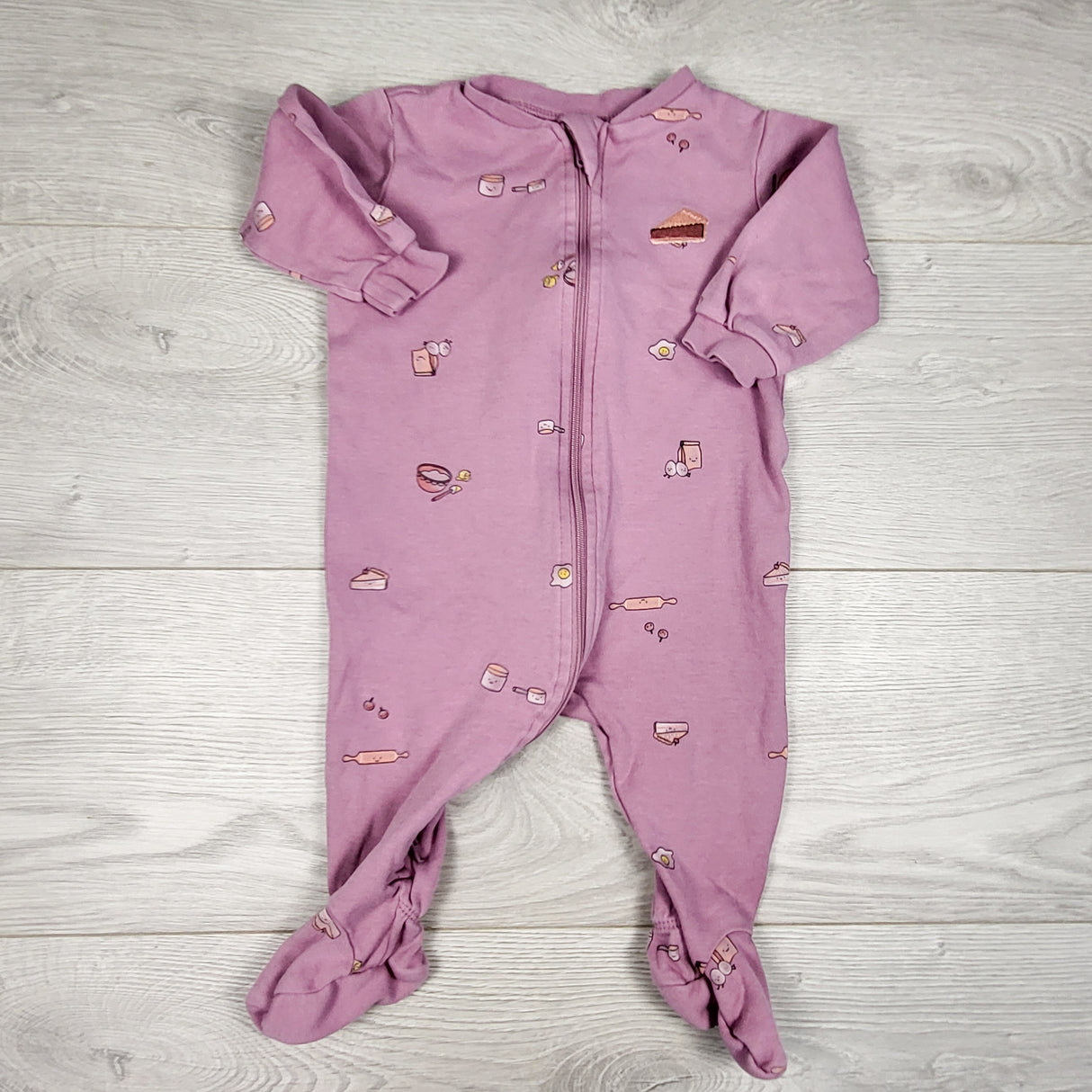 Pekkle purple zippered sleeper with baking theme. Size 6 months