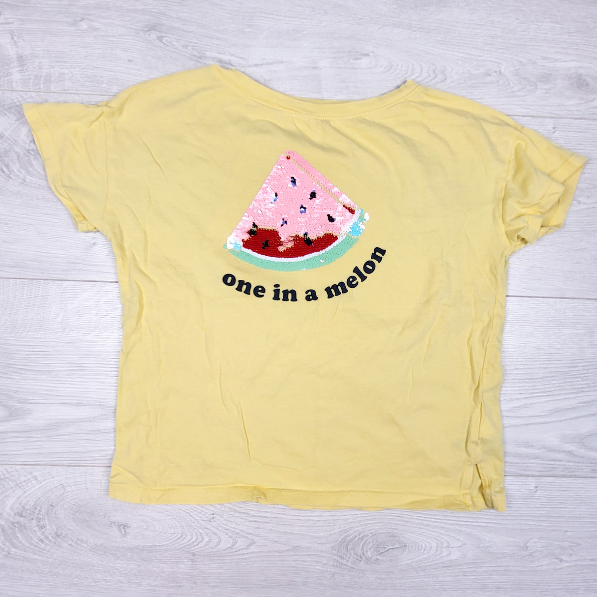 Gap yellow "One in a Melon" t-shirt with flip sequin watermelon. Size medium (8)