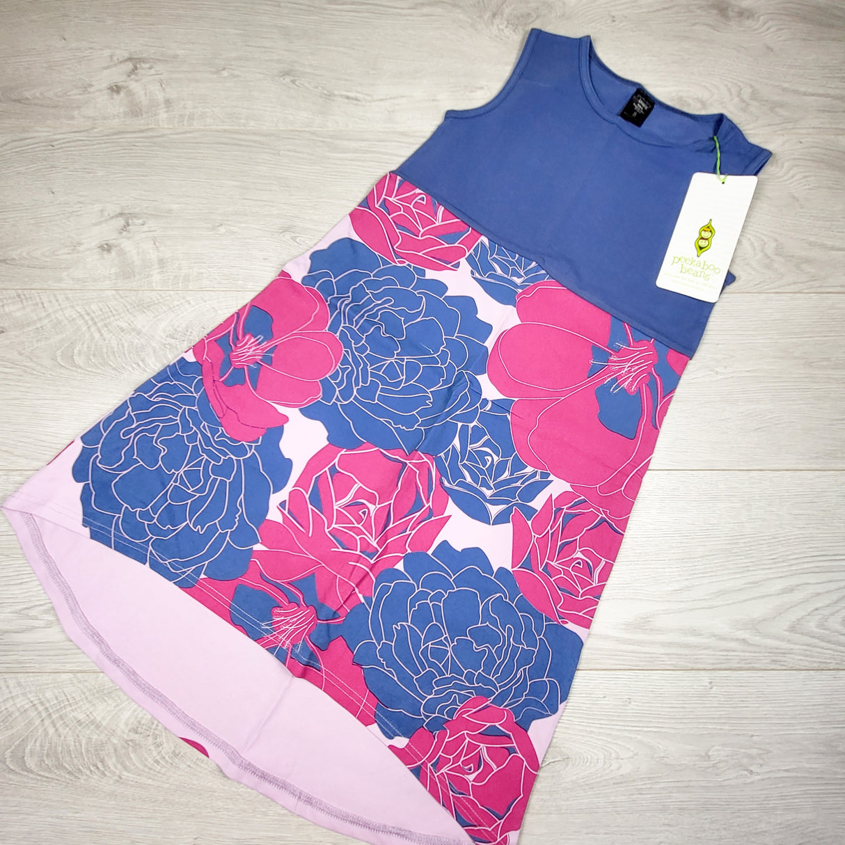 NEW - Peekaboo Beans blue and pink floral print "Fancy Flora" dress. Size 8