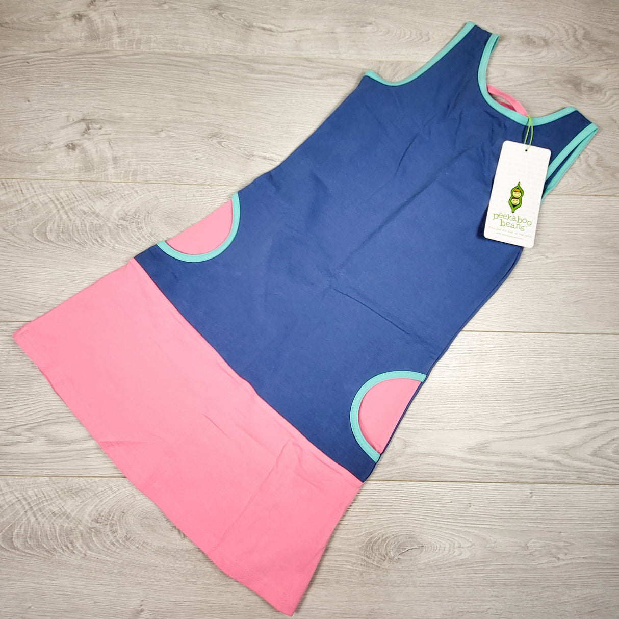 NEW - Peekaboo Beans blue and pink "Hello Sunshine" sleeveless dress. Size 8