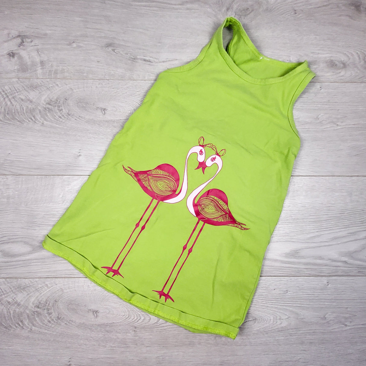 Peekaboo Beans lime green flamingo tank dress. Size 7