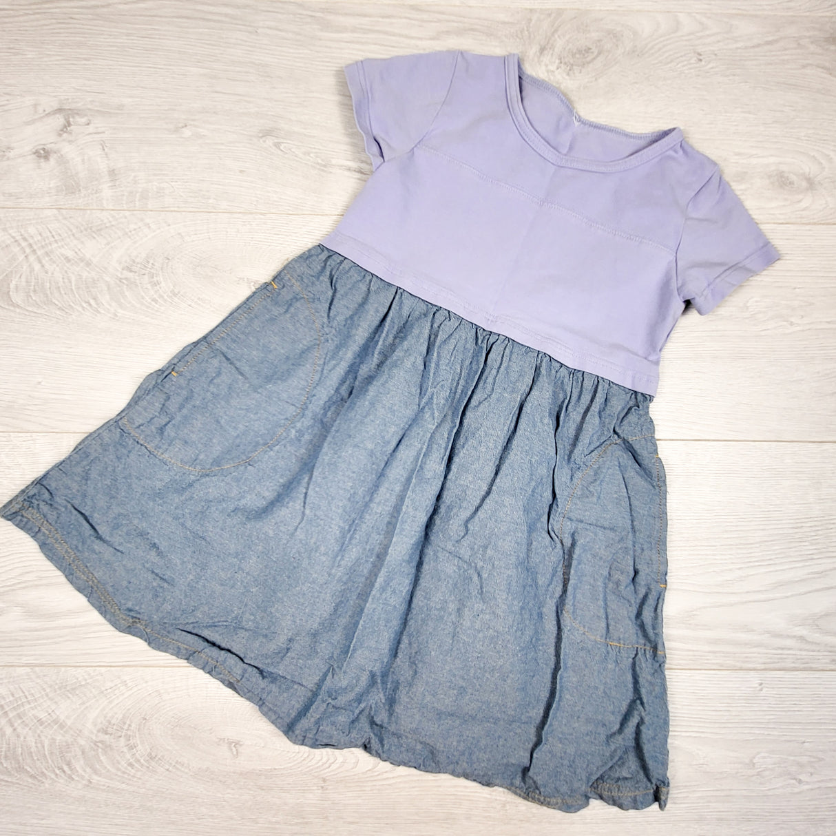 Peekaboo Beans purple dress with chambray skirting. Size 5T