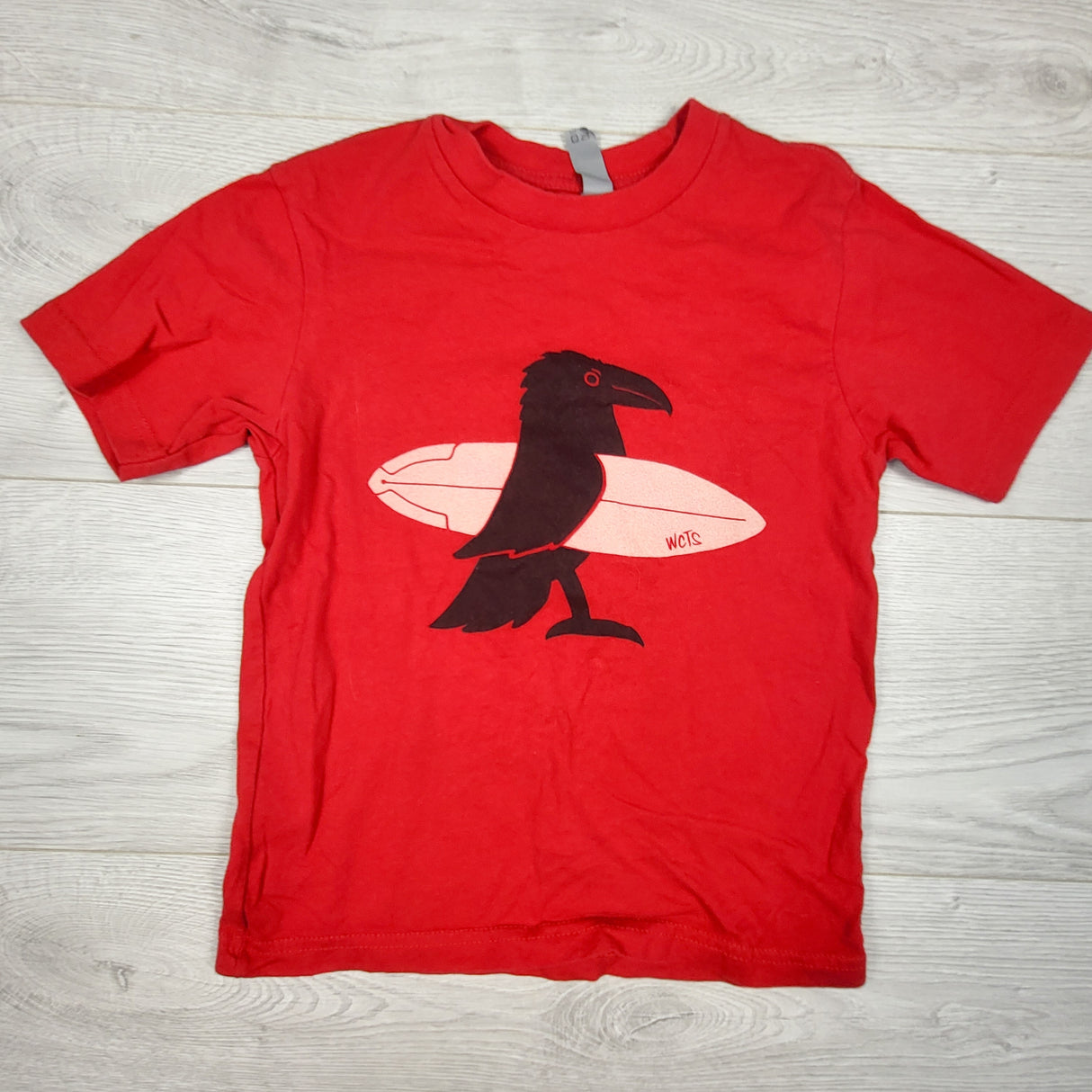 Westcoastees red t-shirt with surfing raven. Size XS (4/5Tish)