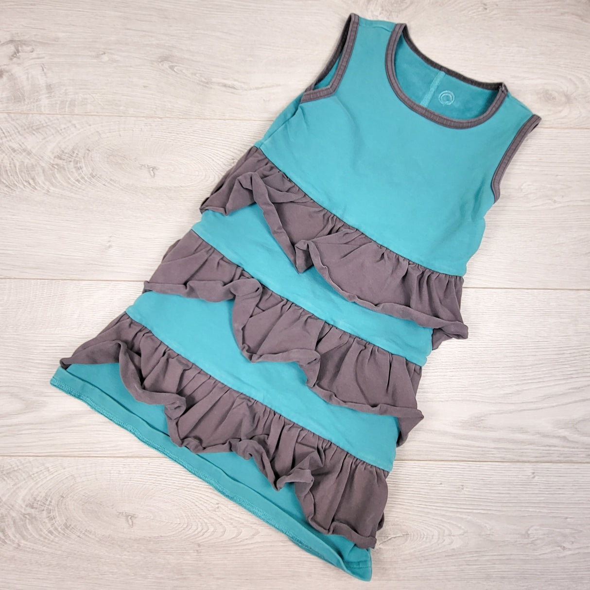 Peekaboo Beans teal and grey ruffle dress. Size 5T