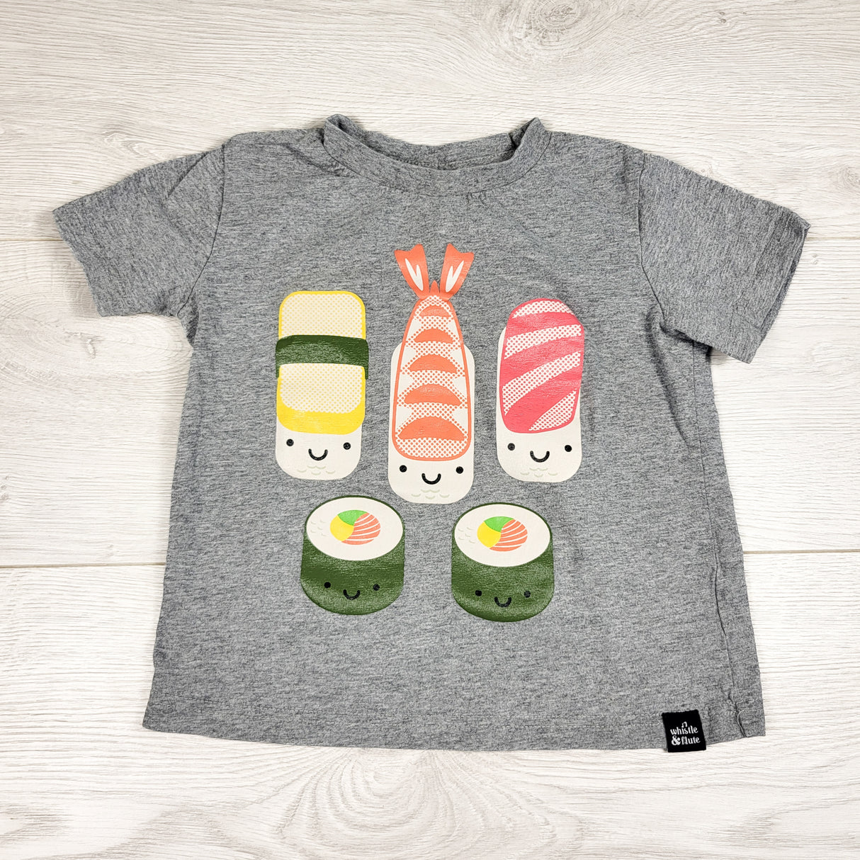 Whistle and Flute grey sushi t-shirt. Size 3/4T