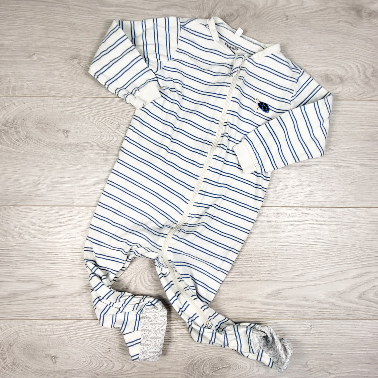 Pekkle blue and white striped sleeper with turtle. Size 18 months