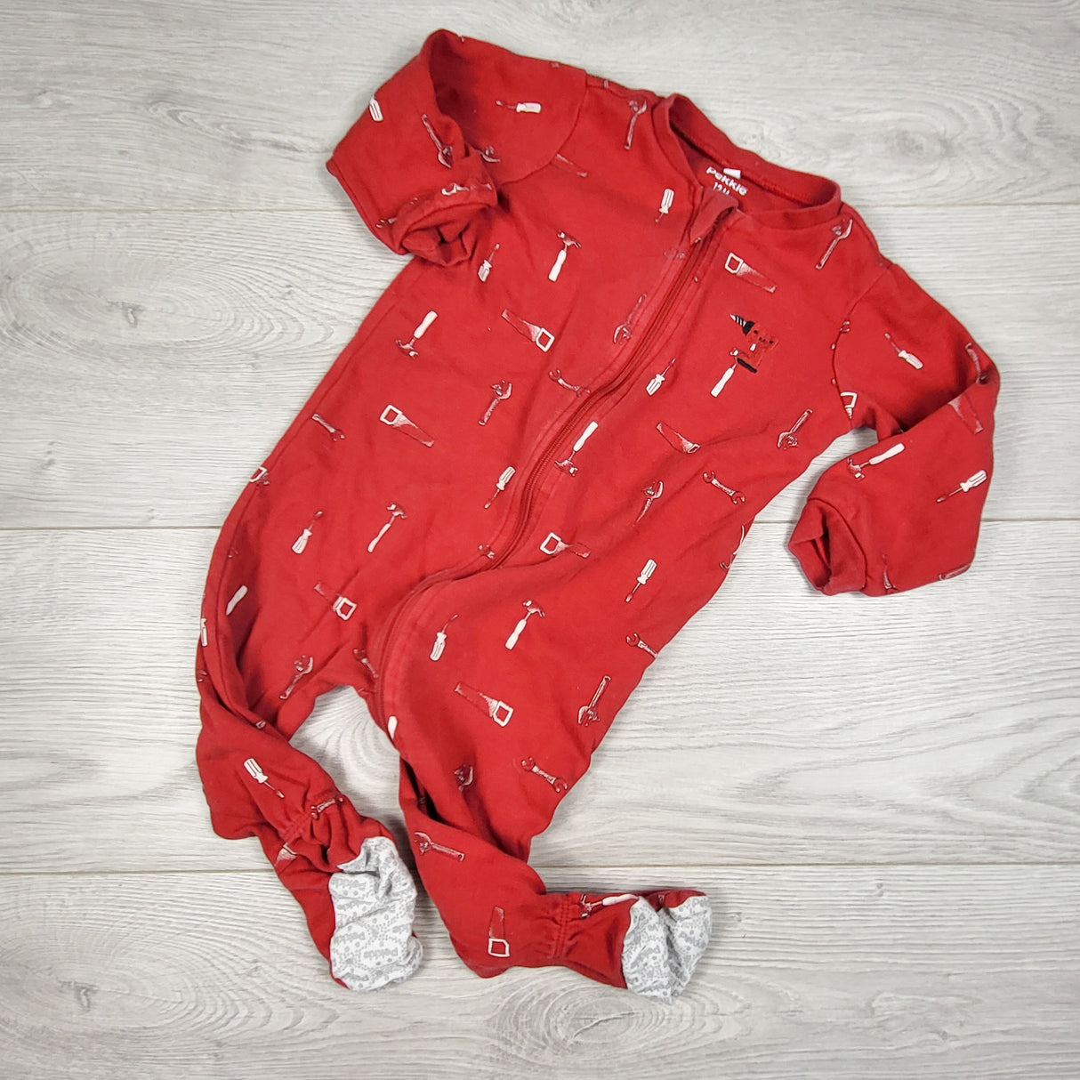 Pekkle red zippered sleeper with tools. Size 12 months