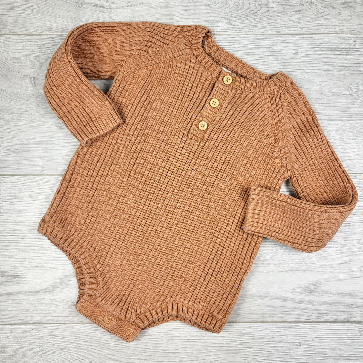 Little Planet carmel sweater knit bubble romper. Size 12 months